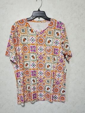 Mosaic Tile Floral Citrus Short Sleeve Tee Shirt Colorful Oranges Summer Vacay